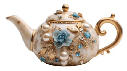 A antique pearl resin artisan tea infuser featuring hand-carved gemstone accents, white background --ar 16:9