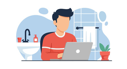Young man working on laptop in bathroom, illustration for blog post about remote work or work-life balance.