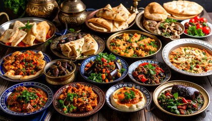 Fototapeta premium A richly diverse spread of Middle Eastern cuisine, showcasing various stews, flatbreads, and vegetable dishes in ornate bowls