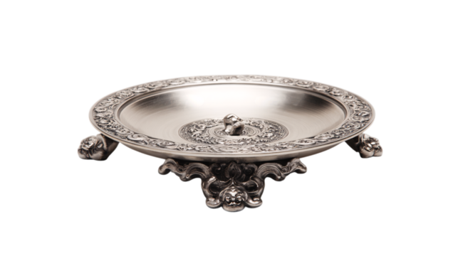 A brushed palladium alloy premium incense stand showcasing artisan sculpted detailing, white background --ar 16:9