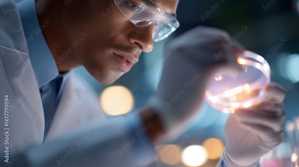 Poster scientist conducting an experiment with petri dish in laboratory setting during evening hours