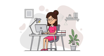 Woman working on computer in modern office, perfect for website banners or business presentations.