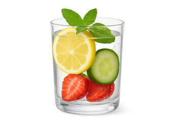 Refreshing detox water infused with lemon, cucumber, strawberry, mint leaves highlighting hydration and wellness against transparent background