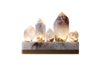 A crystal-etched quartz high-end jewelry display stand featuring soft ambient glow elements, white background --ar 16:9