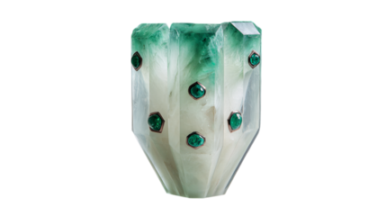 A emerald-frosted crystal architectural crystal vase featuring hand-carved gemstone accents, white background --ar 16:9