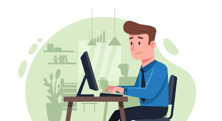 Happy businessman working on computer in modern office, ideal for website banners or business presentations.