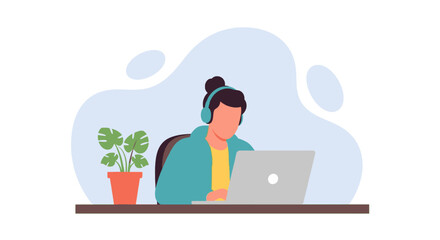 Person working from home on laptop, wearing headphones. Perfect for blogs, websites, and articles about remote work.