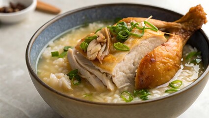 Close up of chicken and rice soup in a bowl with green onion garnish food