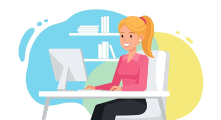 Smiling woman working on computer, perfect for website banners, blogs, and social media.