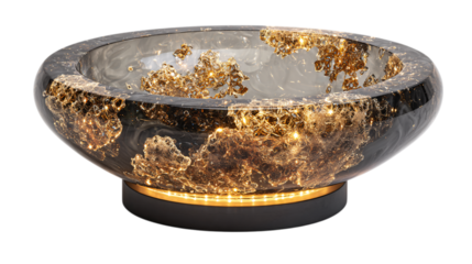 A gilded carbon fiber collector?s crystal bowl with detachable illuminated base, white background --ar 16:9