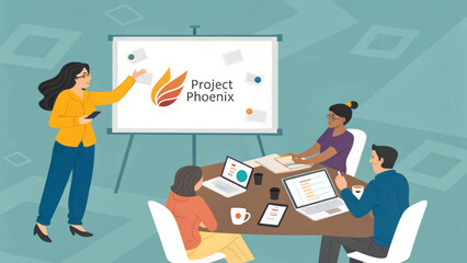 Project team brainstorming and collaborating around a table, perfect for website banners or project management presentations.