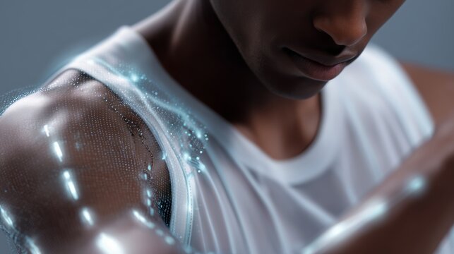 Dynamic digital representation of an individual's arm showcasing advanced technology in health monitoring during a futuristic exercise routine