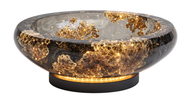 A gilded carbon fiber collector?s crystal bowl with detachable illuminated base, white background --ar 16:9