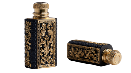 A gilded carbon fiber limited-edition perfume atomizer showcasing artisan sculpted detailing, white background --ar 16:9