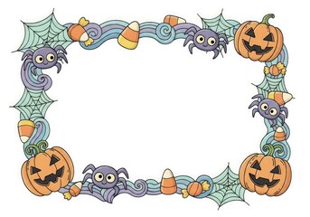 Halloween frame featuring pumpkins spiders webs  candies