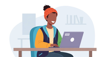 Smiling young person working on laptop, perfect for website banners or blog posts about remote work.