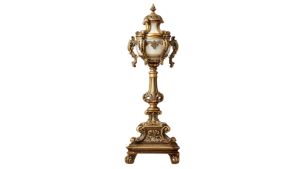 A hand-lacquered maple wood ornate lamp stand crafted for opulent interior showcases, white background --ar 16:9