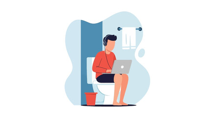 Man working on laptop while sitting on toilet - illustration for blog, article or social media post.