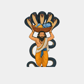 Vasudeva Carrying Baby Krishna in Basket with Sheshnag Protection &ndash; Mythological Illustration