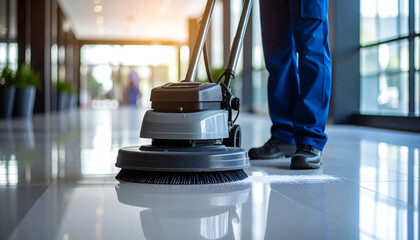 Professional janitorial staff using an industrial floor buffer machine for cleaning and polishing the hallway of a modern corporate