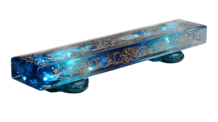A mirror-polished sapphire glass premium incense stand with radiant metallic filigree highlights, white background --ar 16:9