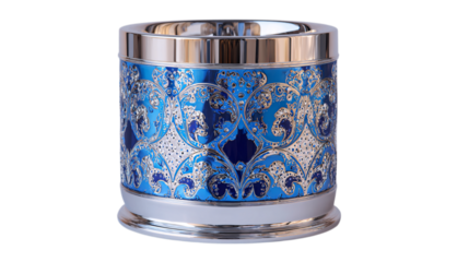 A mirror-polished sapphire glass prestige champagne cooler with radiant metallic filigree highlights, white background --ar 16:9