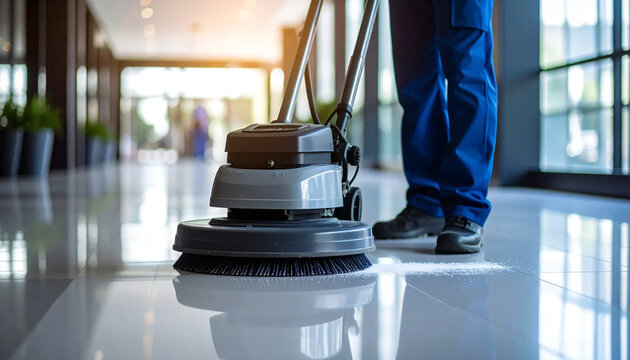 Professional janitorial staff using an industrial floor buffer machine for cleaning and polishing the hallway of a modern corporate