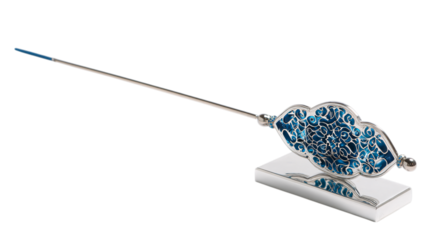 A mirror-polished sapphire glass premium incense stand with radiant metallic filigree highlights, white background --ar 16:9