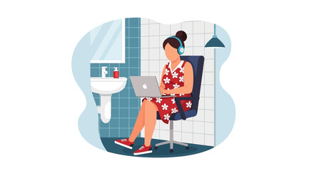 Woman working on laptop in a restroom, perfect for articles on work-life balance or remote work challenges.