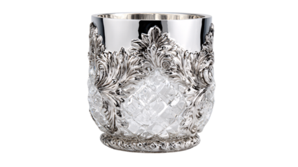 A mirror-polished sapphire glass prestige champagne cooler showcasing artisan sculpted detailing, white background --ar 16:9