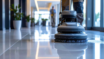 Professional janitorial staff using an industrial floor buffer machine for cleaning and polishing the hallway of a modern corporate