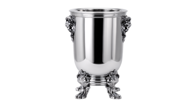 A mirror-polished sapphire glass prestige champagne cooler showcasing artisan sculpted detailing, white background --ar 16:9