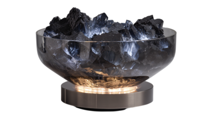 A platinum-finished obsidian collector?s crystal bowl with detachable illuminated base, white background --ar 16:9