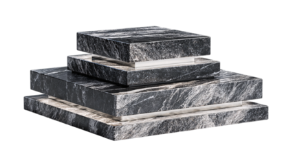 A polished jet-black granite high-end jewelry display stand crafted with dual-layer luminous textures, white background --ar 16:9