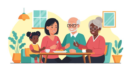 Multigenerational family enjoying a meal together at home. Perfect for family, togetherness, and generational themes.
