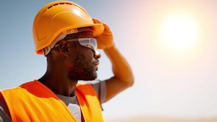 Construction worker wearing safety helmet, vest, and protective glasses shielding eyes from bright sun, showing heat stroke risk outdoors on clear day