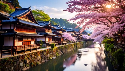 Cherry blossoms over traditional Japanese village