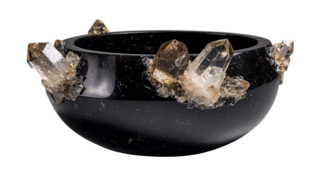 A polished jet-black granite collector?s crystal bowl featuring hand-carved gemstone accents, white background --ar 16:9
