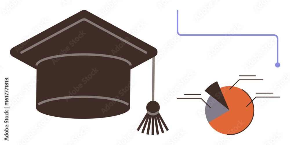 Poster graduation cap and segmented pie chart with connecting lines. ideal for education, learning, statist