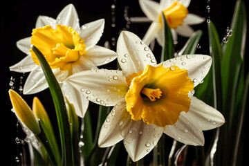A bright yellow lily with a trumpet-shaped corona surrounded by pale yellow petals. The petals are textured with fine veins and water droplets.