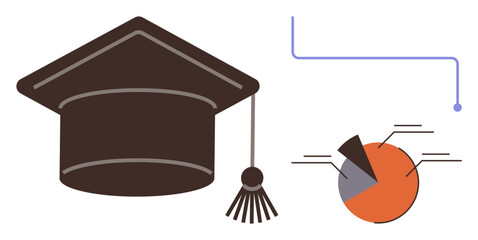 Graduation cap and segmented pie chart with connecting lines. Ideal for education, learning, statistics, progress, data, achievement, research. Simple flat metaphor
