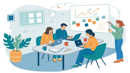 Teamwork in modern office, people collaborating on project, business meeting, strategy session illustration for website or presentation.
