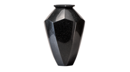 A polished jet-black granite architectural crystal vase designed to embody timeless sophistication, white background --ar 16:9