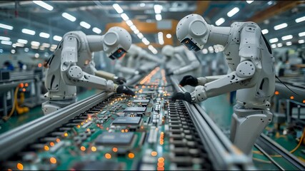 Humanoid robots instead of human workers on the electronics assembly line with processors and printed circuit boards.