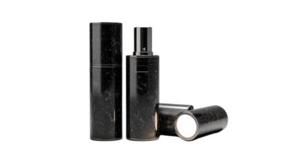 A polished jet-black granite limited-edition perfume atomizer featuring soft ambient glow elements, white background --ar 16:9