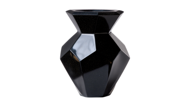 A polished jet-black granite architectural crystal vase designed to embody timeless sophistication, white background --ar 16:9