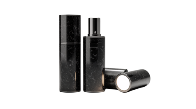 A polished jet-black granite limited-edition perfume atomizer featuring soft ambient glow elements, white background --ar 16:9
