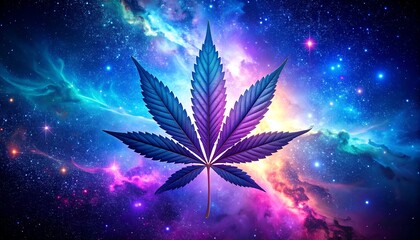 A vibrant cannabis leaf against a cosmic backdrop of nebulae and stars