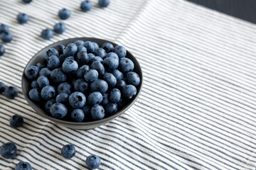 Raw Organic Blueberries in a Bowl, side view. Copy space.