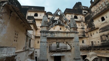Heritage Courtyard View with Ornate Stone Swing in Taragarh Fort, Bundi, Rajasthan